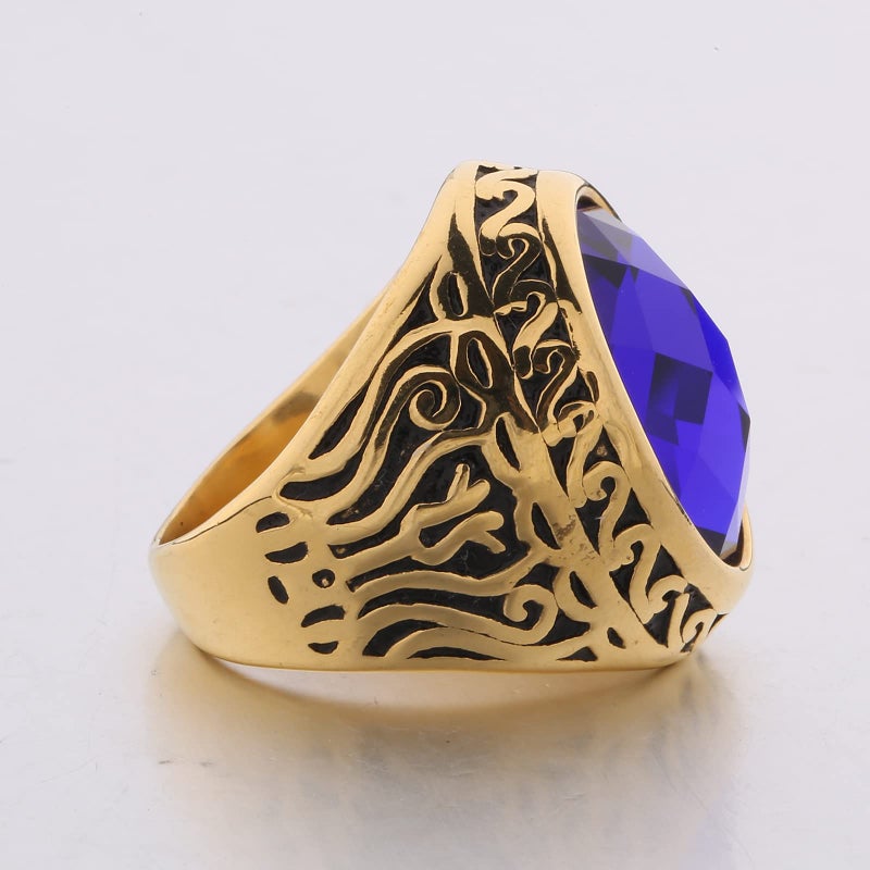 MASOP Jewellery Vintage Mens Stainless Steel CZ Ring Gold Biker Sapphire Color Blue Stone Size 9 - Image 5